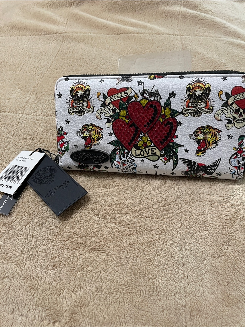 Ed Hardy White Tattoo-Print Zip Wallet with Red Heart Motif
